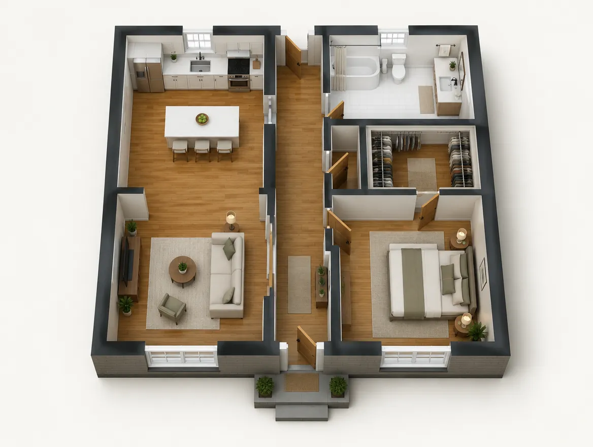 Birds-eye view of a full home floor plan showing kitchen, living room, bathroom, closet, and entryway
