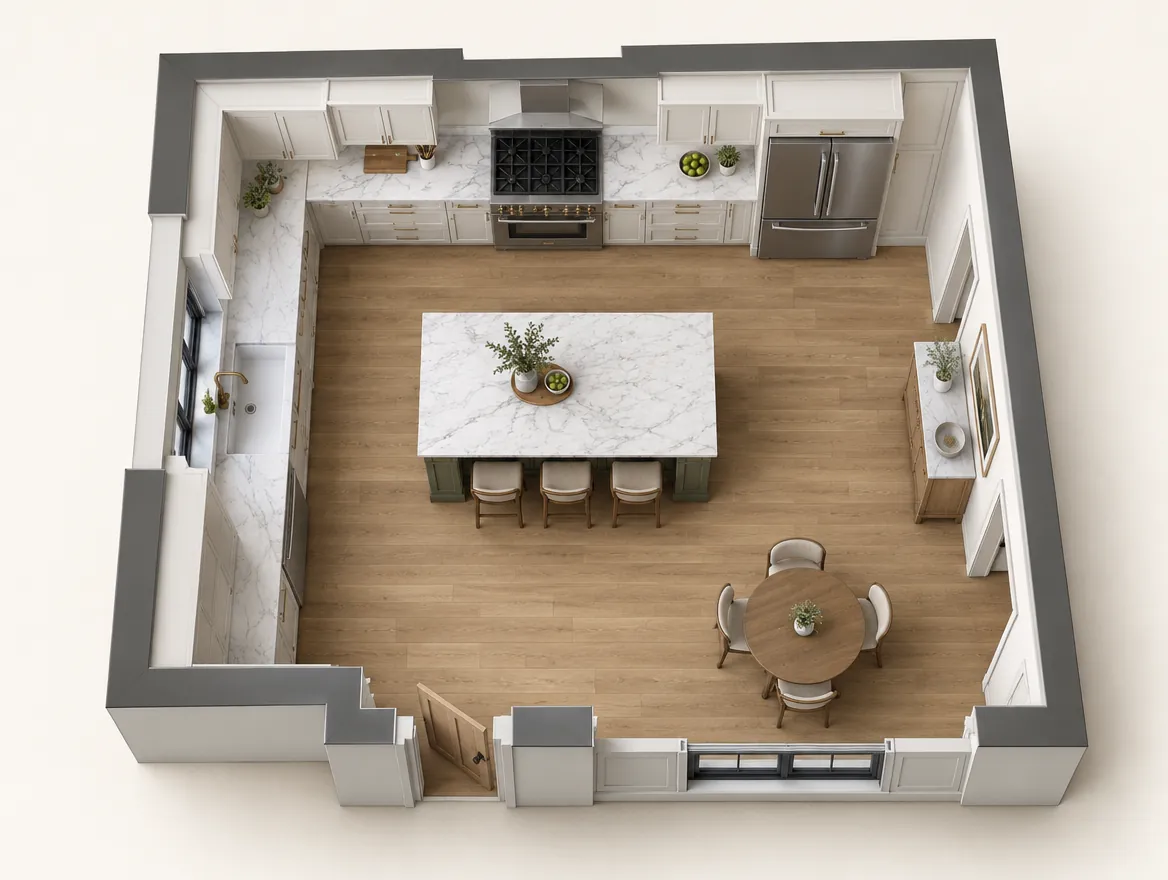 Top-down overhead view of 3D kitchen layout
