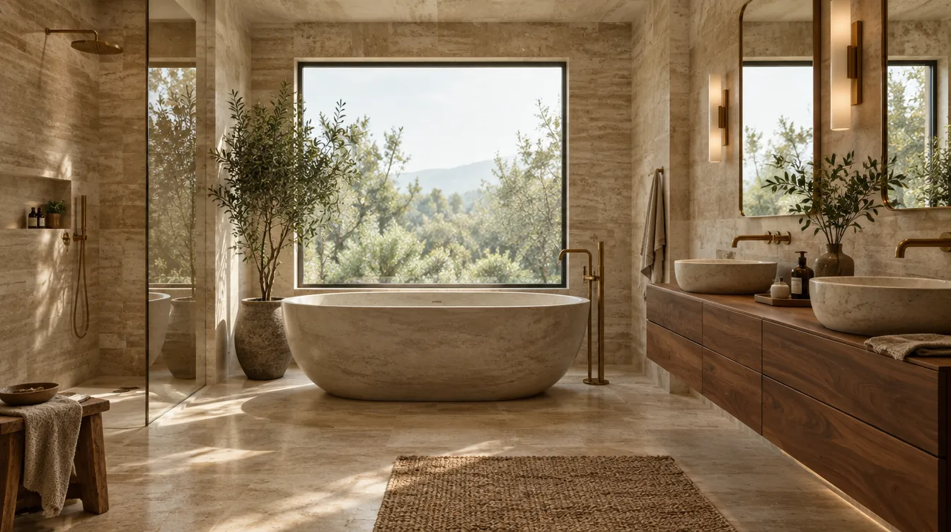 Warm spa-like bathroom remodel with soaking tub and travertine