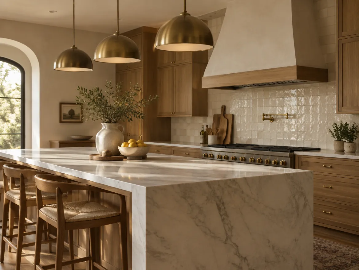 Warm kitchen with brass pendants and marble countertops