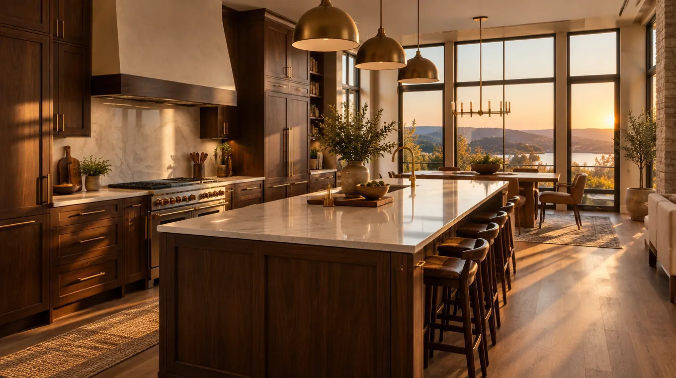 Warm luxury kitchen remodel with walnut cabinetry and golden light