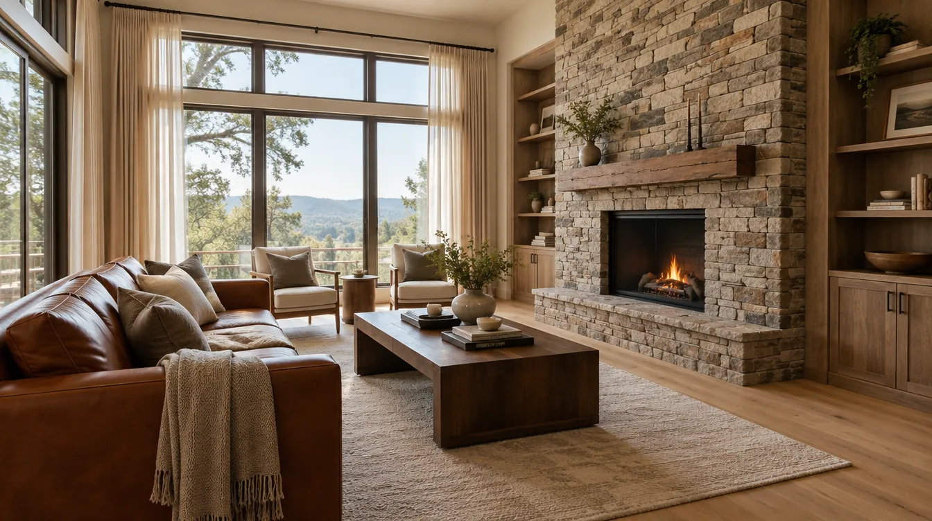 Warm living room with leather sofa, stone fireplace, and natural light